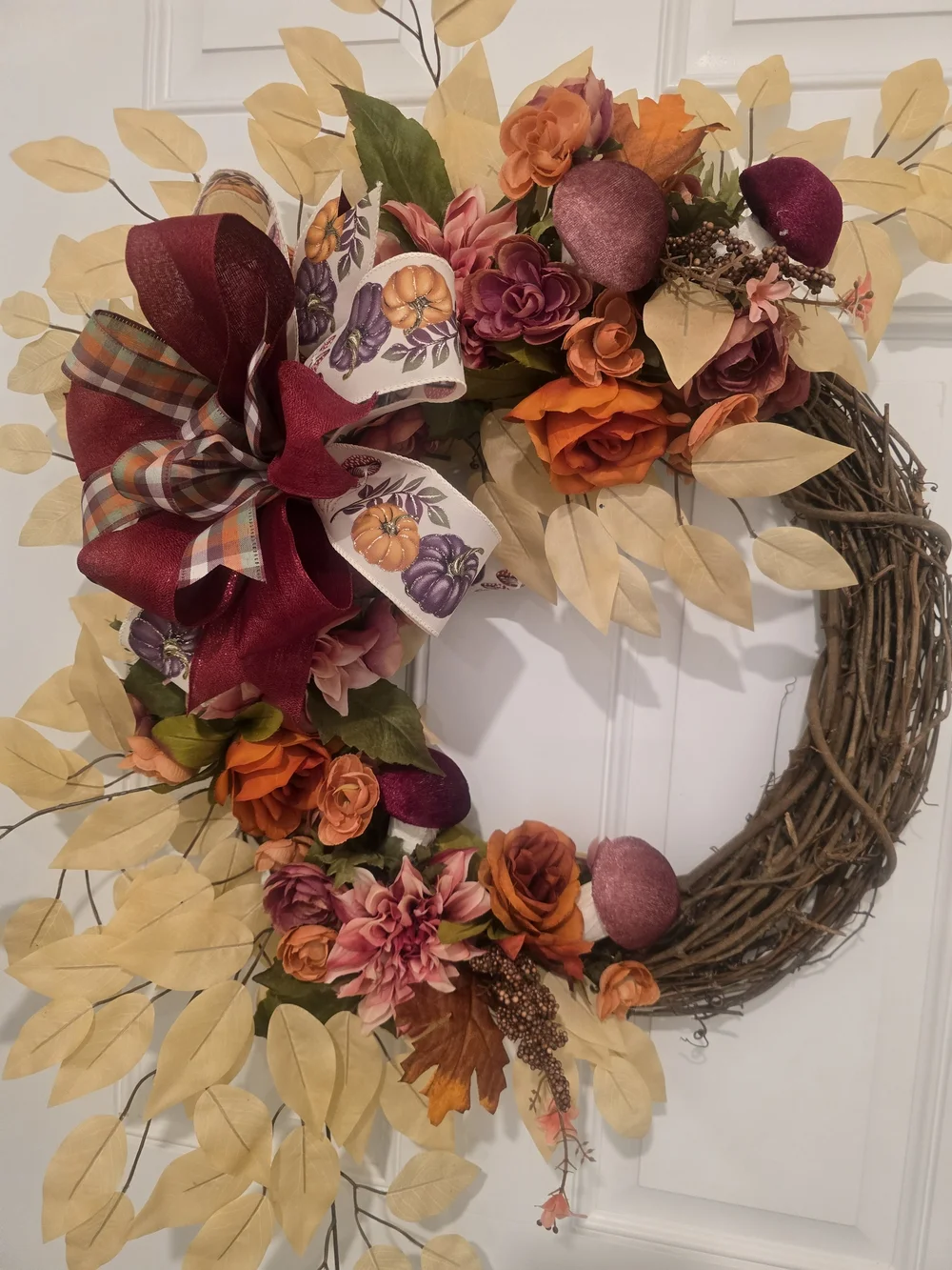 Autumn Floral Grapevine Wreath with Burgundy Bow